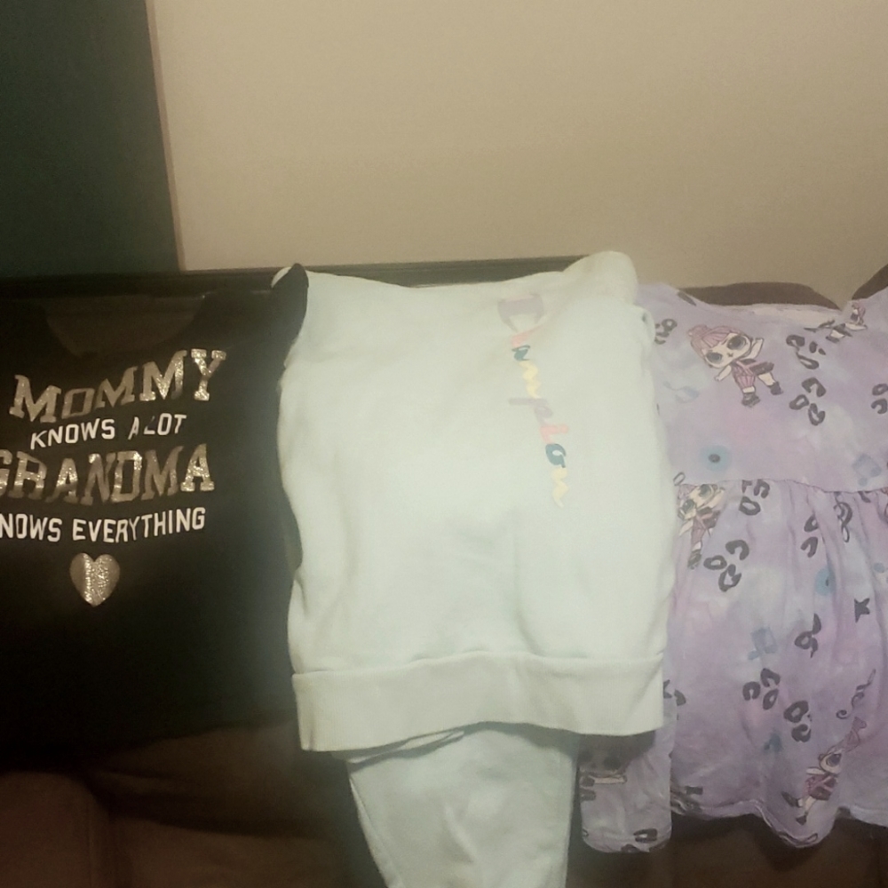 1 champion matching outfit 4t, lol dress 4t, and a tee shirt 4t.